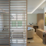 Paroi en bois à lattes séparant un espace de vie dans un intérieur moderne et lumineux.