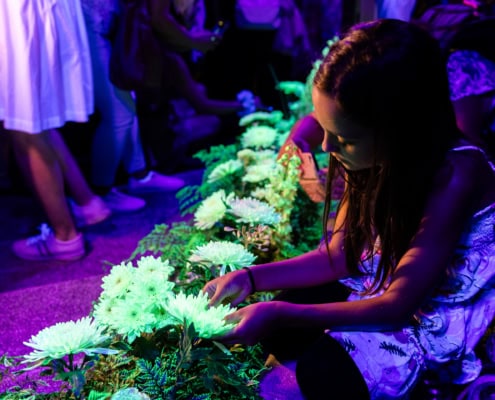 fillette observant une fleure luminescente lors de l'événement de la fête nationale suisse