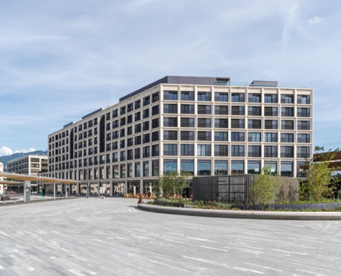 place de la gare du nouveau quartier de la gare de Bulle